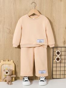 SHEIN Bebé niño Pantalones deportivos con sudadera con parche de letra - Albaricoque - Ver 1