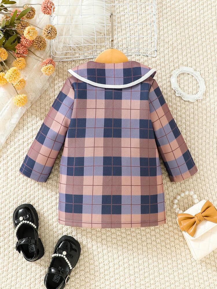 Baby Girl Plaid Print Double Breasted Contrast Binding Peter Pan Collar Double Breasted Overcoat
