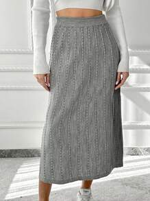 SHEIN Cottnline Ribbed Knitted Sweater Skirt - Grey - View 1