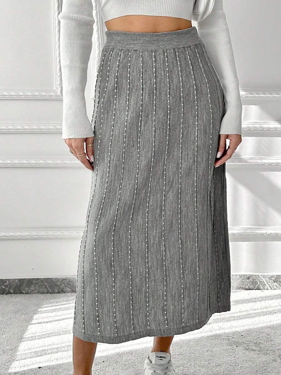 SHEIN Cottnline Ribbed Knitted Sweater Skirt - Grey - View 1
