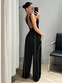 SHEIN ICON Contrast Piping Drawstring Waist Sweatpants - Black - View 2