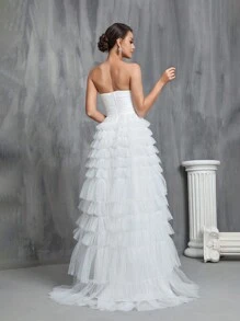 Ruched Layered Ruffle Hem Mesh Tube Wedding Dress - White - View 2