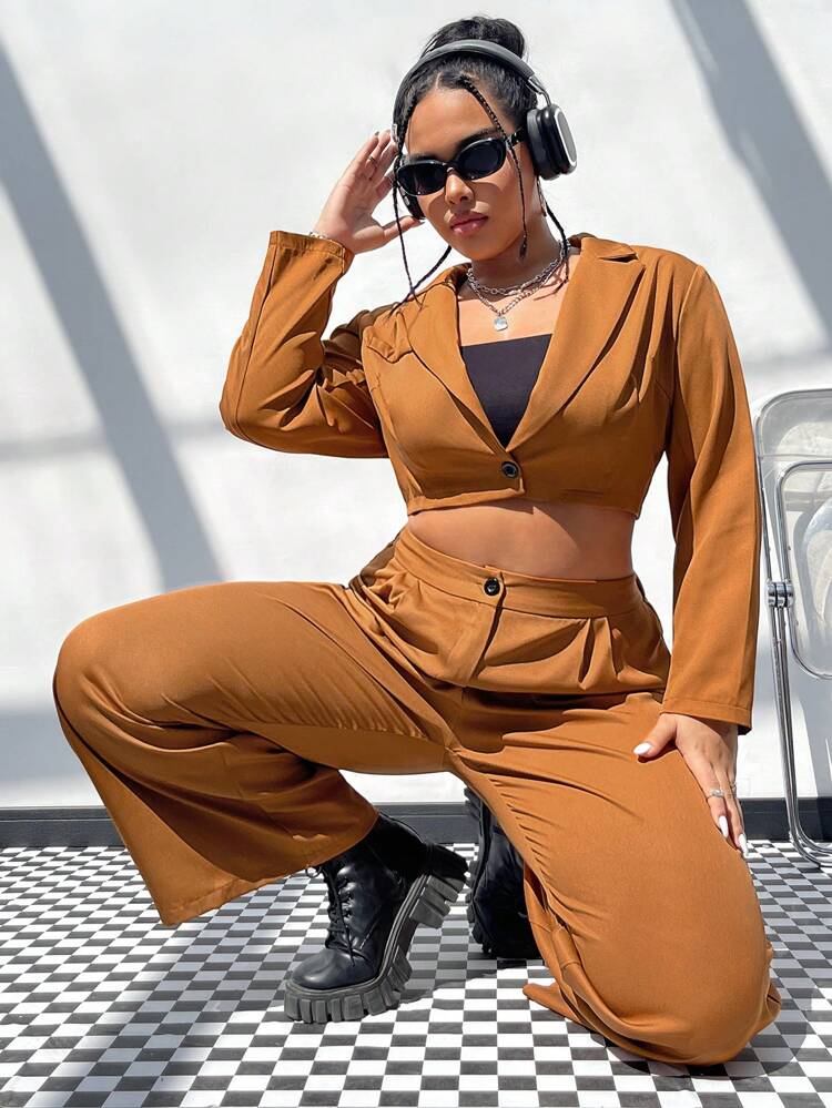 Plus Lapel Neck Crop Blazer & Wide Leg Pants
