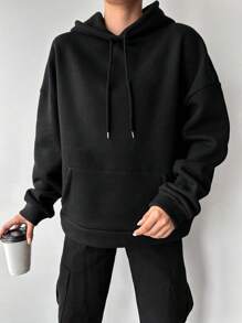 SHEIN Cottnline Butterfly & Slogan Graphic Drop Shoulder Drawstring Thermal Lined Hoodie - Black - View 2