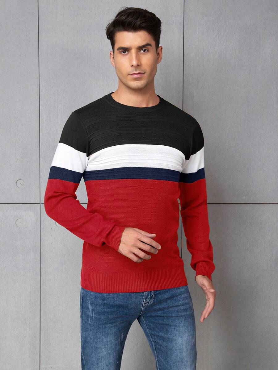 男士條紋毛衣 - 酒紅色 - 查看 1