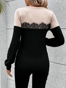 SHEIN Frenchy 撞色蕾絲拼接套頭毛衣 - 彩色 - 查看 2