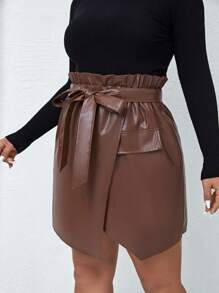 Flirla Plus Paperbag Waist Belted PU Leather Skirt - Brown - View 5
