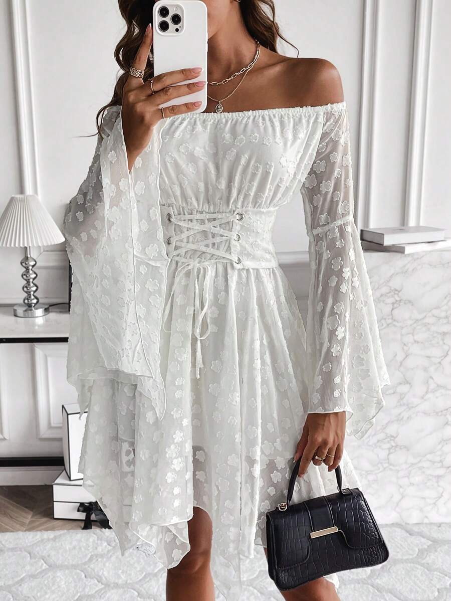 SHEIN Unity Off Shoulder Lace Up Front Trumpet Sleeve Dress - White - View 1