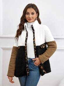 EMERY ROSE Leopard Pattern Colorblock Button Front Teddy Coat - Multicolor - View 1