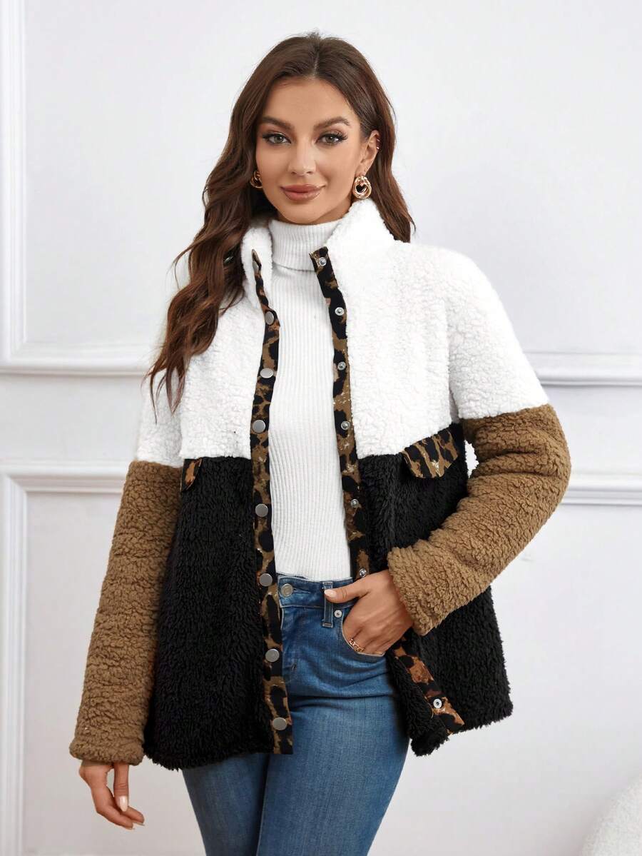 EMERY ROSE Leopard Pattern Colorblock Button Front Teddy Coat - Multicolor - View 1