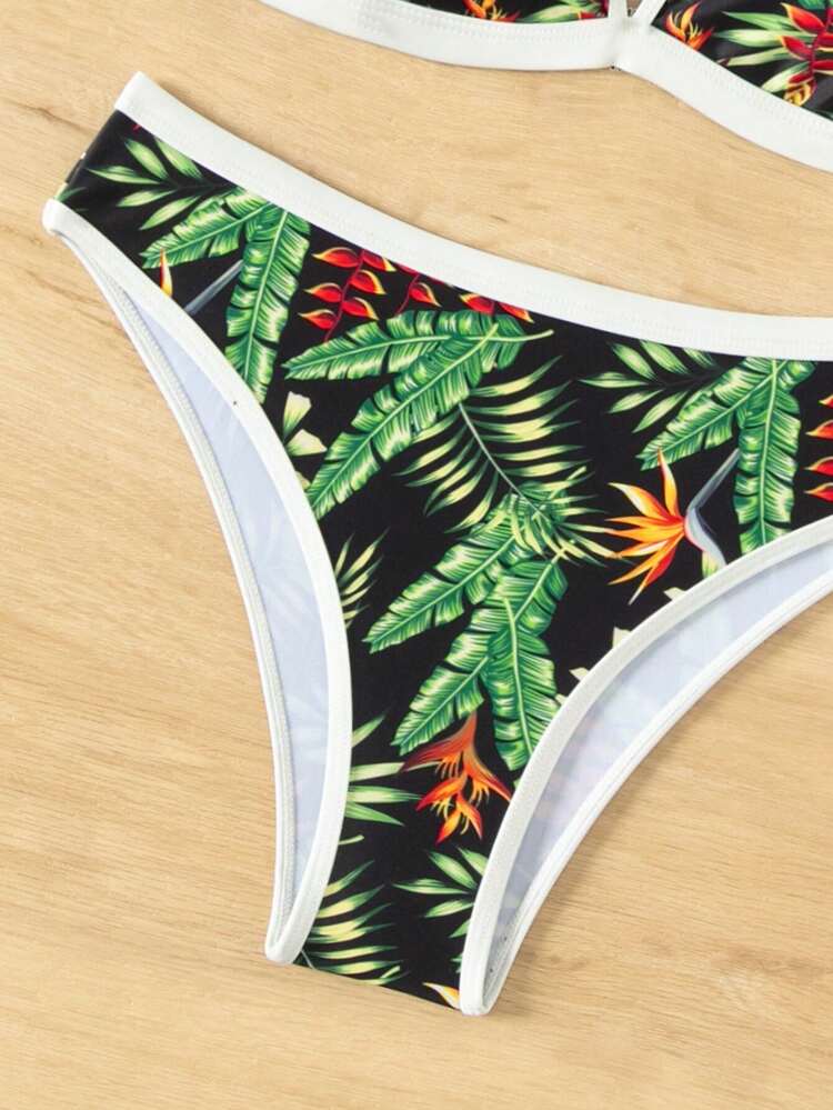 Summer Women's Tropical Print Contrast Trim Halter Neck Bikini Set