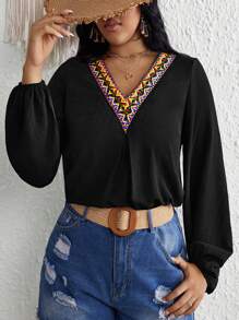 SHEIN VCAY Plus Contrast Geo Tape Lantern Sleeve Blouse - Black - View 7