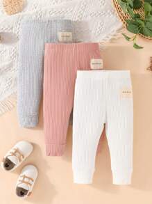 SHEIN Baby Boy 3pcs Letter Patched Detail Ribbed Knit Pants - Multicolor - View 1