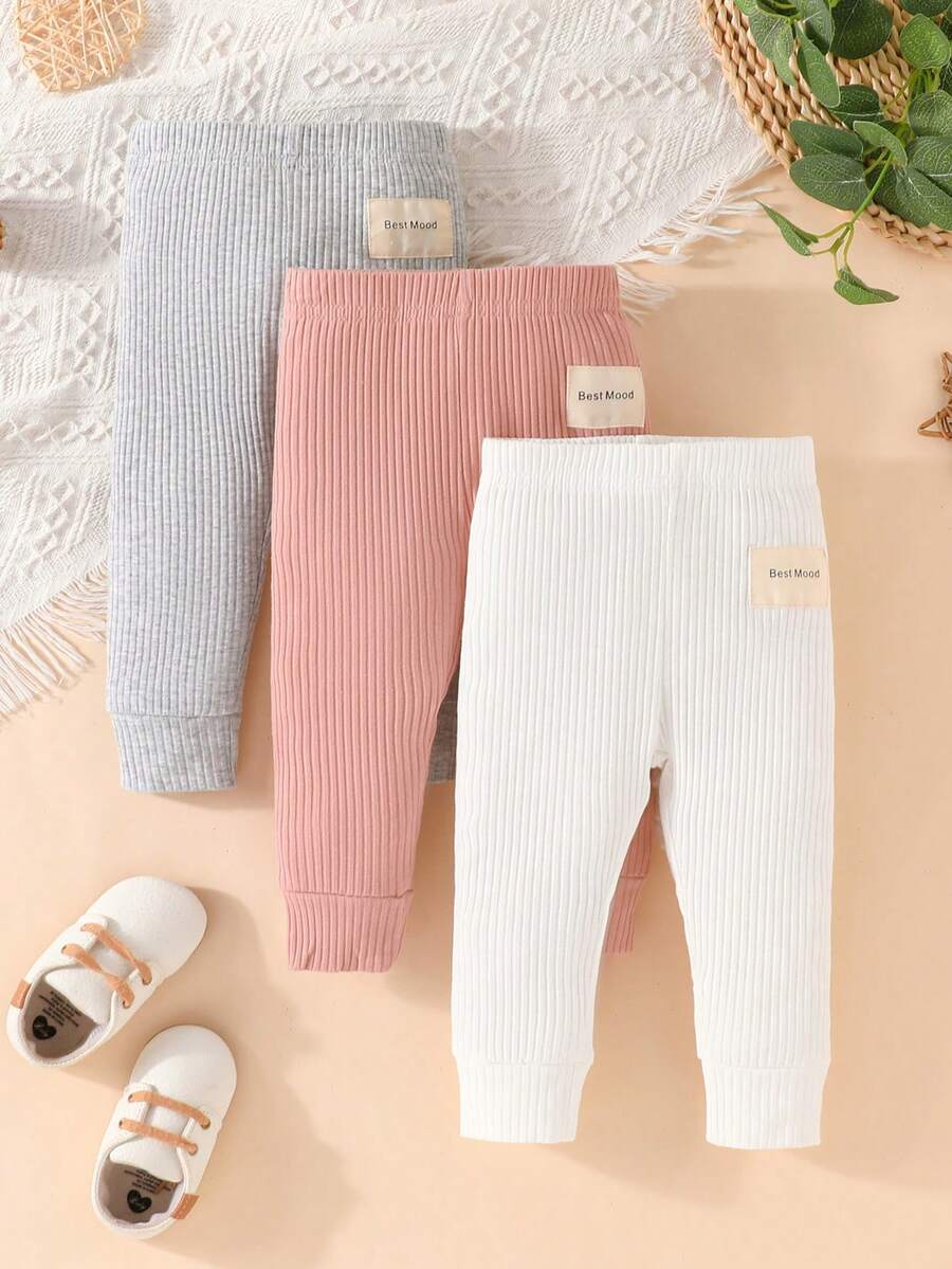 SHEIN Baby Boy 3pcs Letter Patched Detail Ribbed Knit Pants - Multicolor - View 1