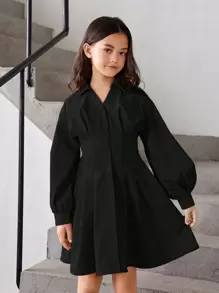 SHEIN Leap Crew 女大童素色燈籠袖褶皺細節襯衫洋裝 - 黑色 - 查看 6