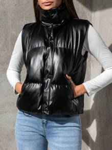 SHEIN Cottnline Zip Up Leather Look Vest Puffer Coat - Black - View 3