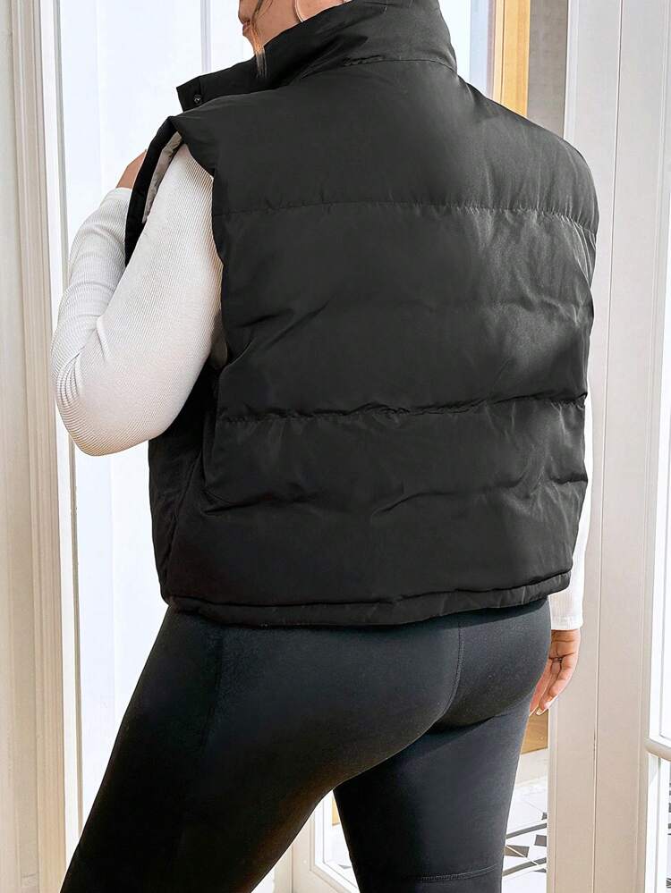 Plus Flap Detail Snap Button Vest Padded Coat Winter Fall Autumn