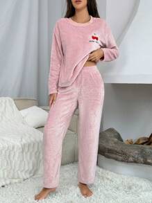 Women's Cherry & Letter Embroidery Pajama Set - Pink - View 4