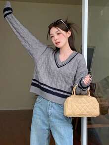 Dazy Star Striped Pattern Cable Knit Drop Shoulder Sweater - Dark Grey - View 3