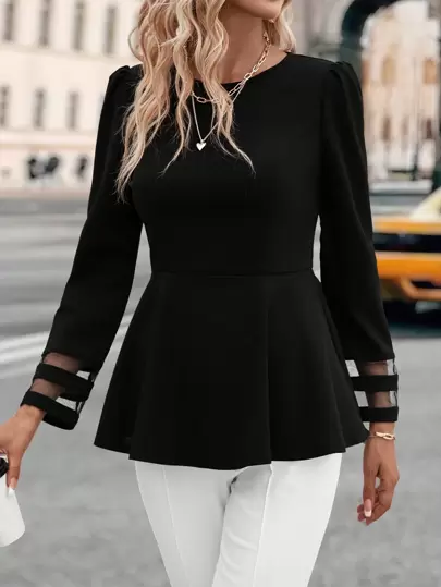 Editum 網紗拼接荷葉邊下擺T恤