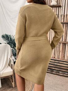 SHEIN Clasi Plus Drop Shoulder Button Detail Belted Sweater Dress - Khaki - View 2