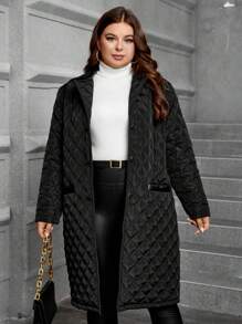 SHEIN LUNE Plus Size Long Padded Coat With Single-Breasted Design - Black - View 3