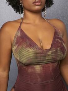 Slaydiva Brown & Yellow Tie Dye Mesh See-Through High Slit Halter Backless Bodycon Mini Dress For Women - Multicolor - View 5