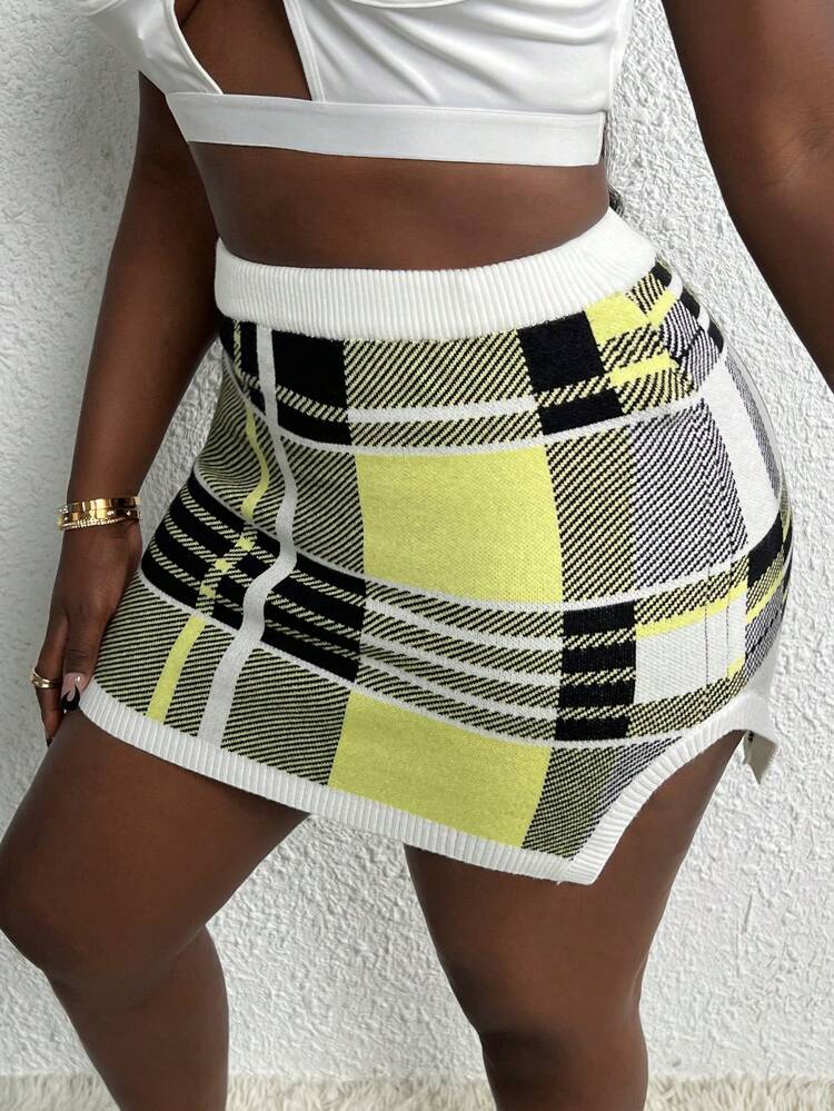 Plaid Print Split Hem Bodycon Skirt