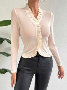 Chiquease Ruffle Trim Sheer Mesh Top - Apricot - View 4