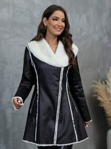 RELISH NOLESS Áo khoác da giả lông thú không đối xứng có khóa kéo dành cho nữ, Thu/Đông - màu đen - Xem 1