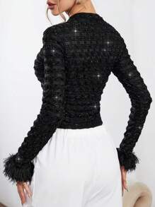 SHEIN Privé 毛茸茸袖口小高領T恤 - 黑色 - 查看 2