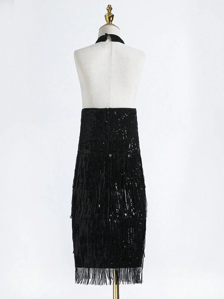 Teen Girl Cutout Front Open Back Fringe Trim Sequin Party Dress