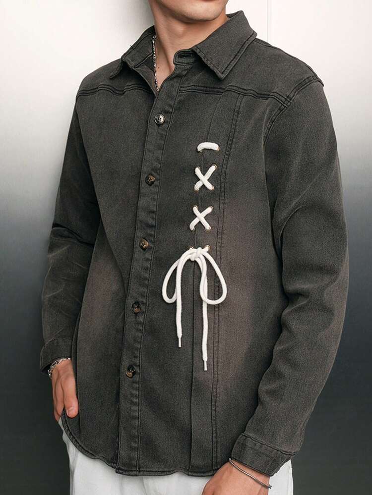 Men Lace Up Front Denim Shirt