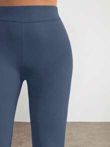 SHEIN Cottnline Solid Color Ribbed Knit Regular Pants - Teal Blue - View 3