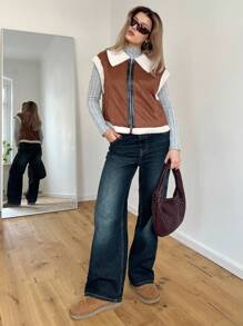 SHEIN Essnce Contrast Teddy Collar Zipper Vest Jacket - Brown - View 3