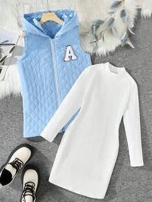 SHEIN 少女字母拼接帽付背心外套及tee裙 - 彩色 - 查看 3