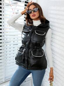SHEIN Essnce 女士冬季服装仿珍珠装饰丝带系腰无袖连帽加厚棉服外套 - 黑色 - 查看 1