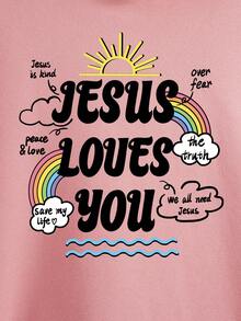 SHEIN EZwear Rainbow & Slogan Graphic Drop Shoulder Drawstring Thermal Hoodie - Baby Pink - View 8