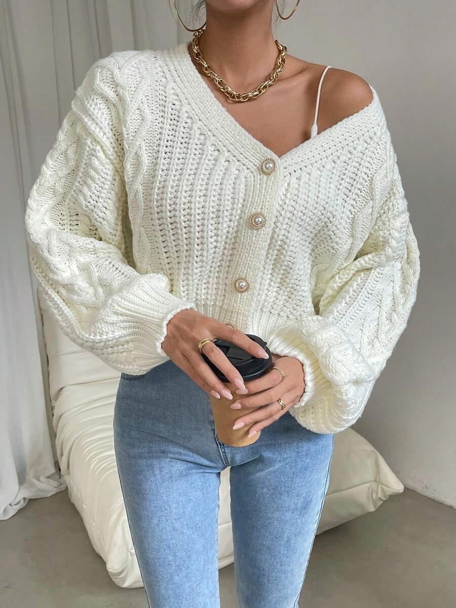 SHEIN Essnce Cable Knit Drop Shoulder Cardigan - Beige - View 1