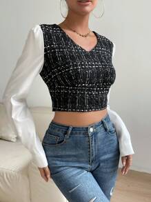 SHEIN ChicEase 格紋印花拉鏈開襟後短款襯衫 - 黑與白 - 查看 5