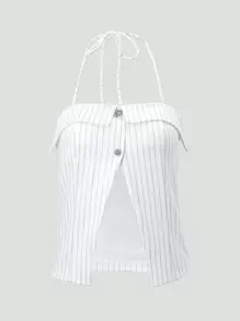 SHEIN Unity 條紋印花掛脖上衣 - 白色 - 查看 1