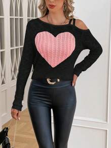 SHEIN Clasi 愛心圖案不對稱領麻花編織套頭毛衣 - 粉色 - 查看 1