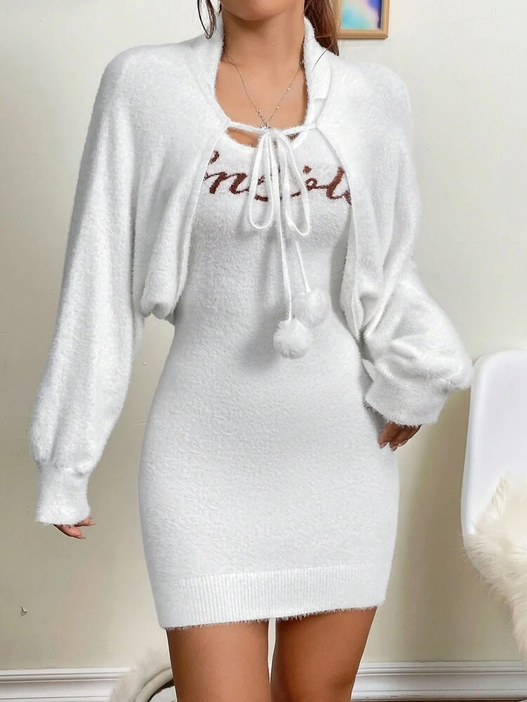 Letter Pattern Cami Bodycon Dress & Pom Pom Detail Batwing Sleeve Cardigan