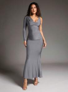 SHEIN BAE 女式翻領一字肩連身裙 - 棕色 - 查看 2