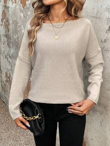 SHEIN Frenchy Boat Neck Drop Shoulder Sweater - Khaki - View 5