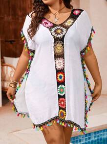SHEIN Swim Curve Summer Beach Plus Floral Crochet Tassel Trim Cover Up - White - View 1
