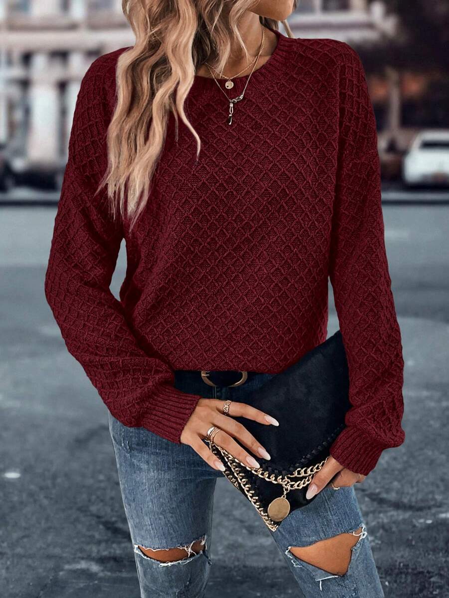 SHEIN VCAY 素色落肩袖套頭毛衣 - 酒紅色 - 查看 1