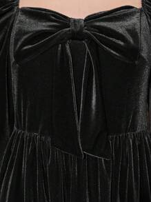 Garota Adolescente Gola Sweetheart Manga Gigot Veludo Vestido - Preto - Visão 4