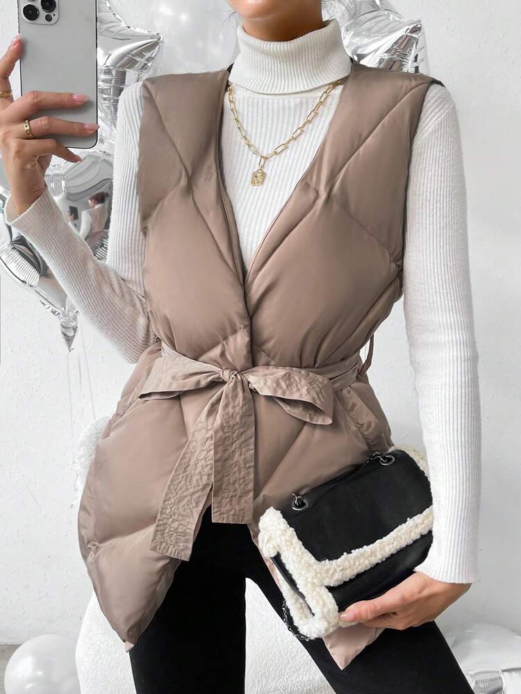 Solid Belted Vest Padded Padded Coat Clothes Winter