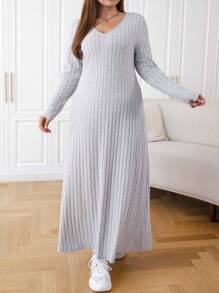 SHEIN EZwear Plus Solid V Neck Ribbed Knit Dress - Grey - View 1